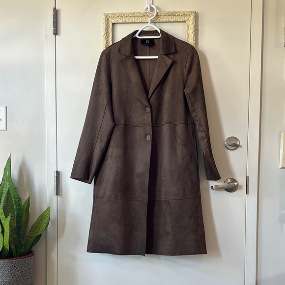 HOUSE OF HARLOW 1960 | Faux Leather Suede Two Breast Button Trench Coat - Picture 1 of 10